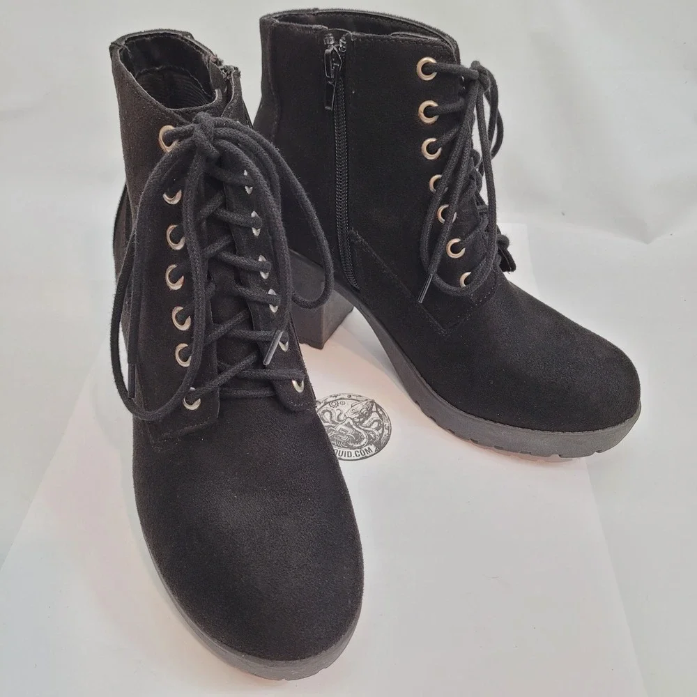 Platform Ankle Boots Womens Black Suede Lace Up Lug Sole Block Heel